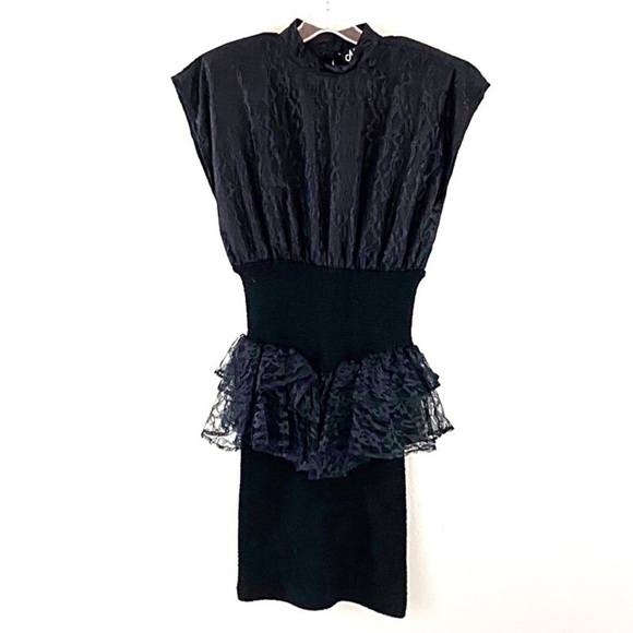 Vintage 80s Black Lace Fitted Peplum Dress Shoulder Pad Glamour - Picture 9 of 9